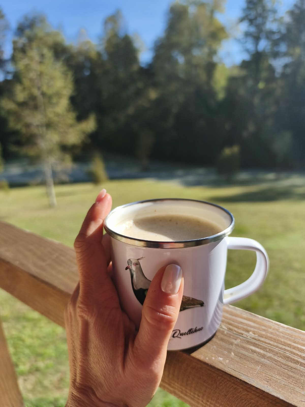 Mano sosteniendo un tazón de café frente a un paisaje verde